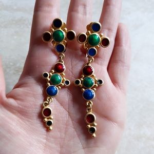 Vtg Adrienne Vittadini Rainbow Enamel Matte Gold Long Cross Chandelier Earrings